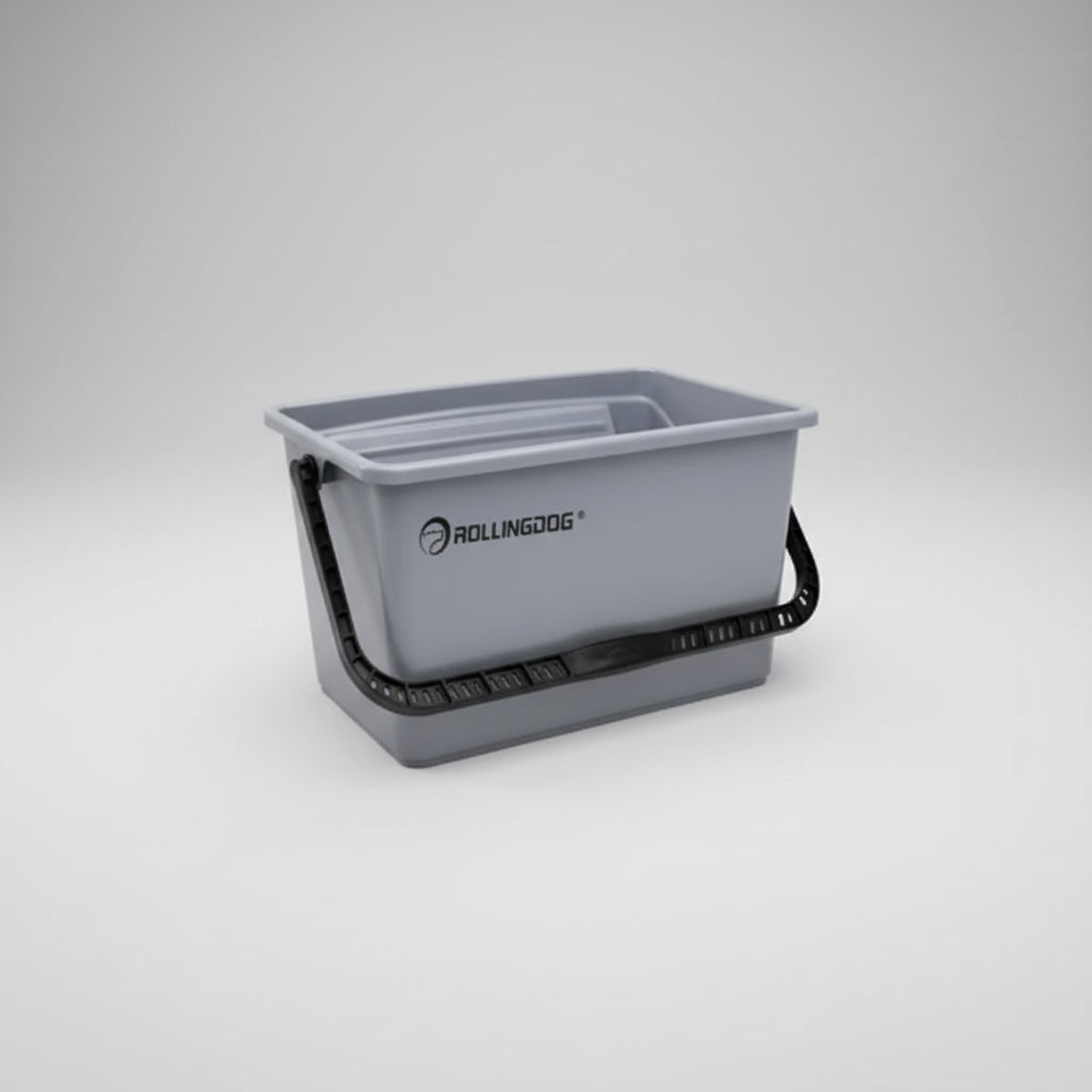 Gray storage bin with black handle and 'RollingDog' logo on a white background