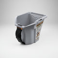 Gray storage bin with a black handle on a white background