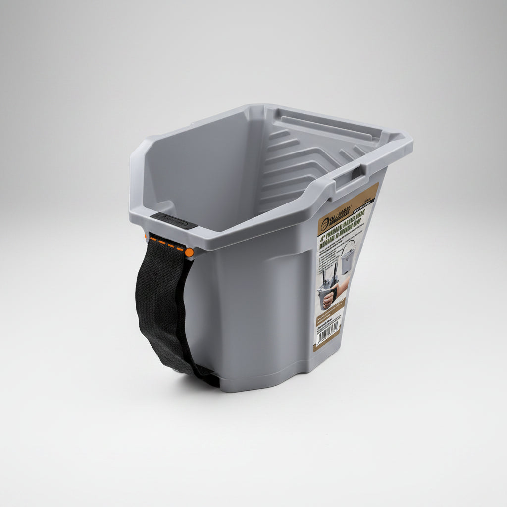 Gray storage bin with a black handle on a white background