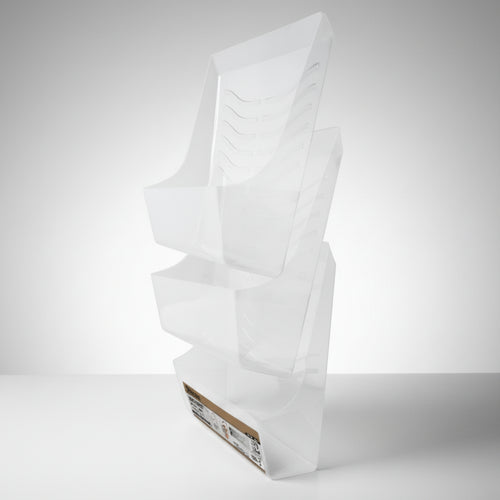 Stack of white paper plates on a white background