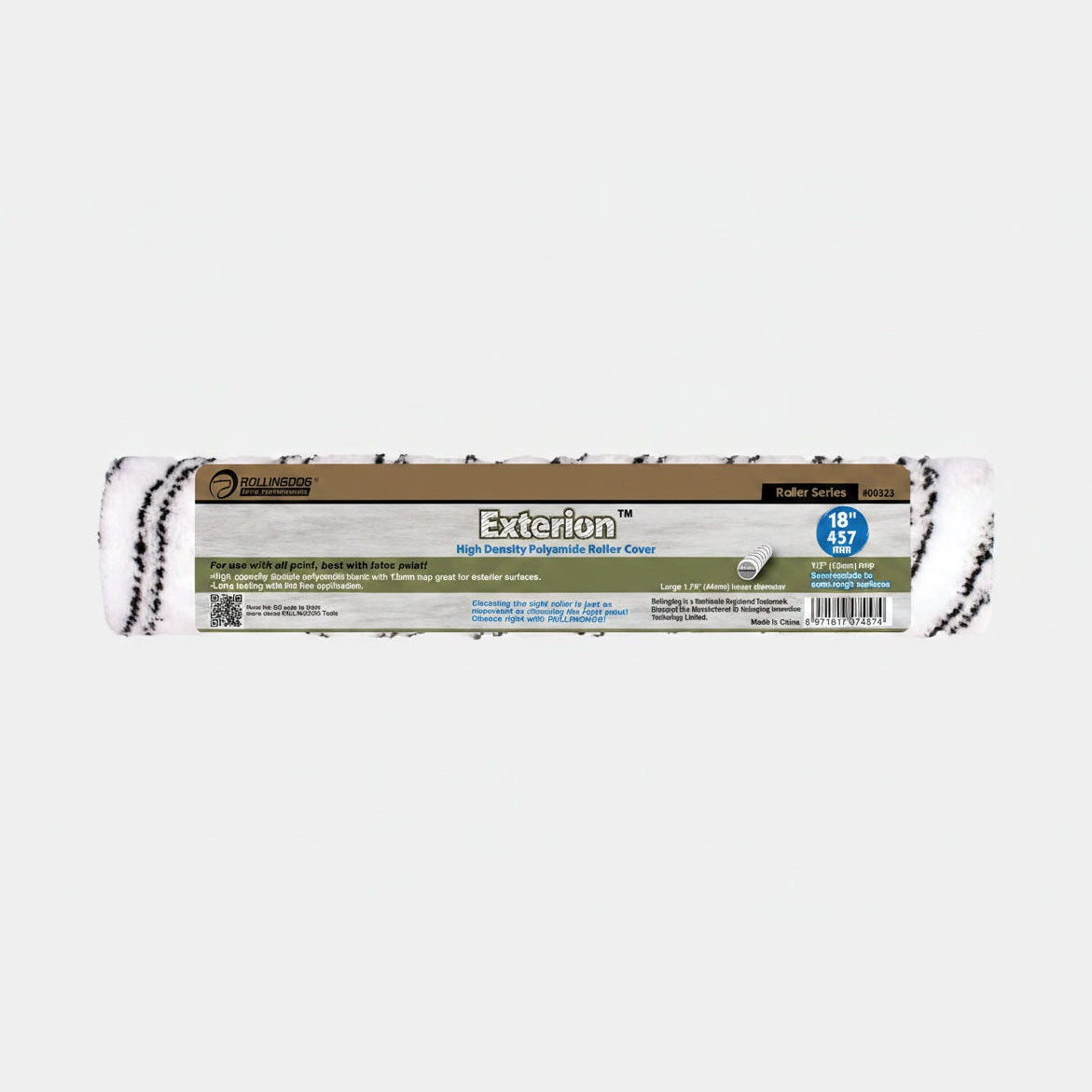 Roll of exterior paint roller cover with brand label on a white background