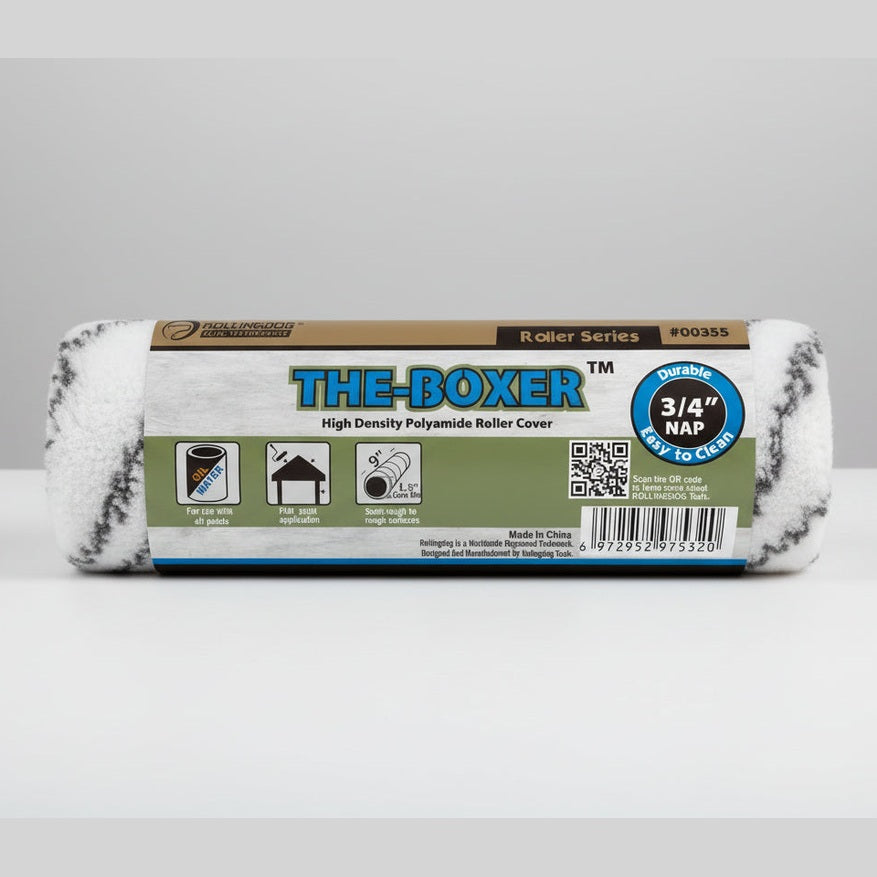 Roller cover labeled 'The-Boxer' with branding and product details on a white background