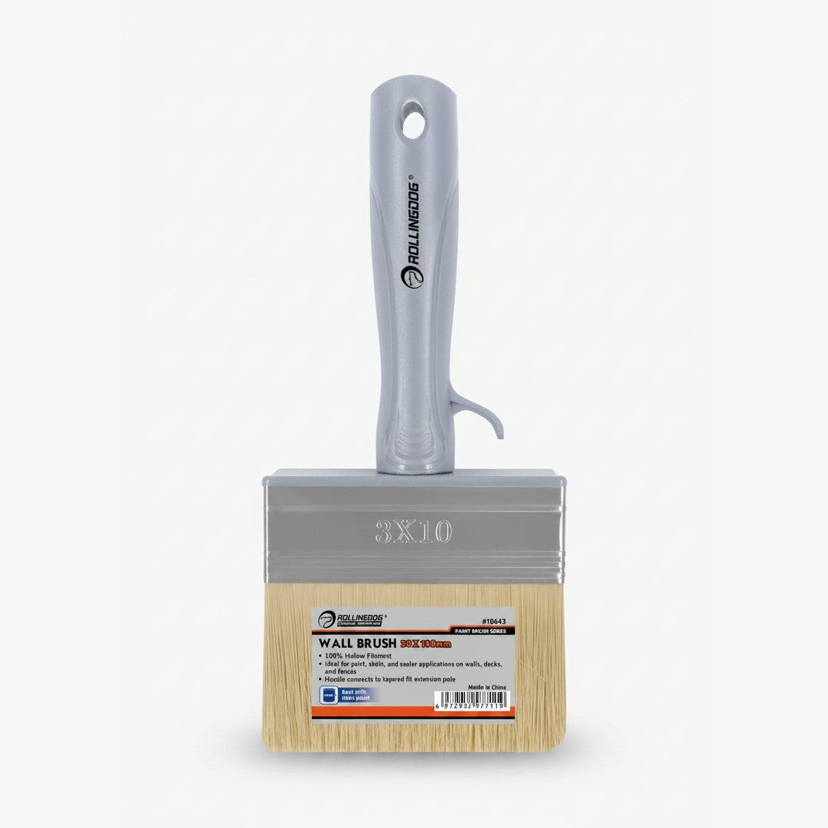 Wall brush with wooden handle and metal ferrule on a white background