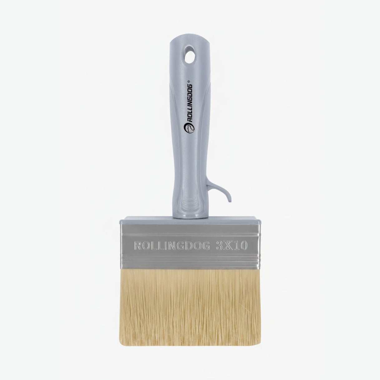 Paint brush with a gray handle and beige bristles on a white background