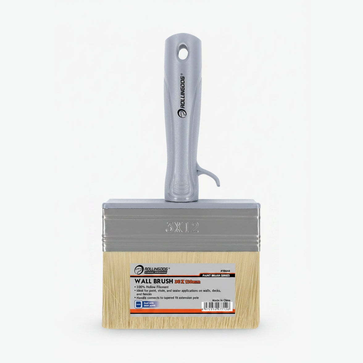 Wall brush with wooden handle and metal ferrule on a white background