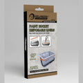 Packaging of Rolling Dog paint bucket disposable liners with product details on a gray background
