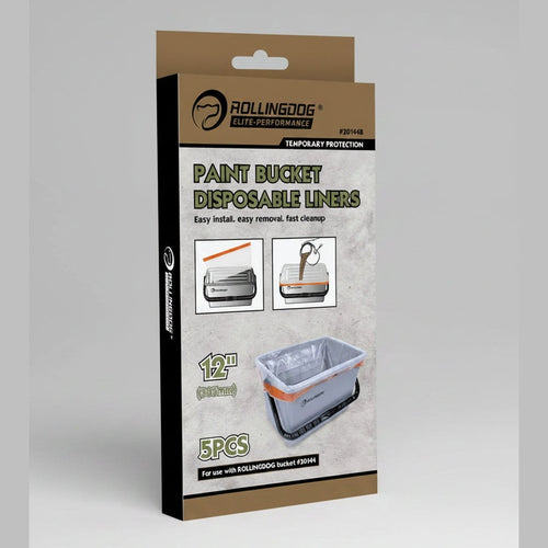 Packaging of Rolling Dog paint bucket disposable liners with product details on a gray background