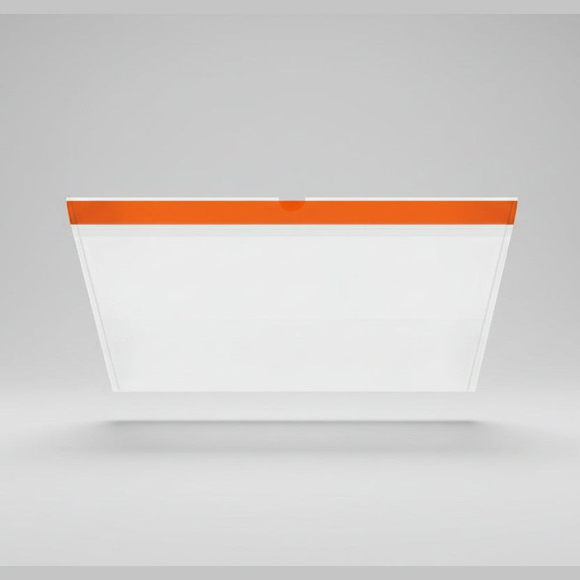 Clear plastic container with an orange lid on a white background