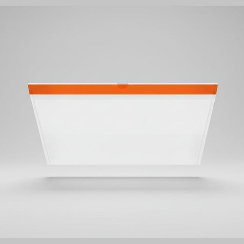 Clear plastic container with an orange lid on a white background