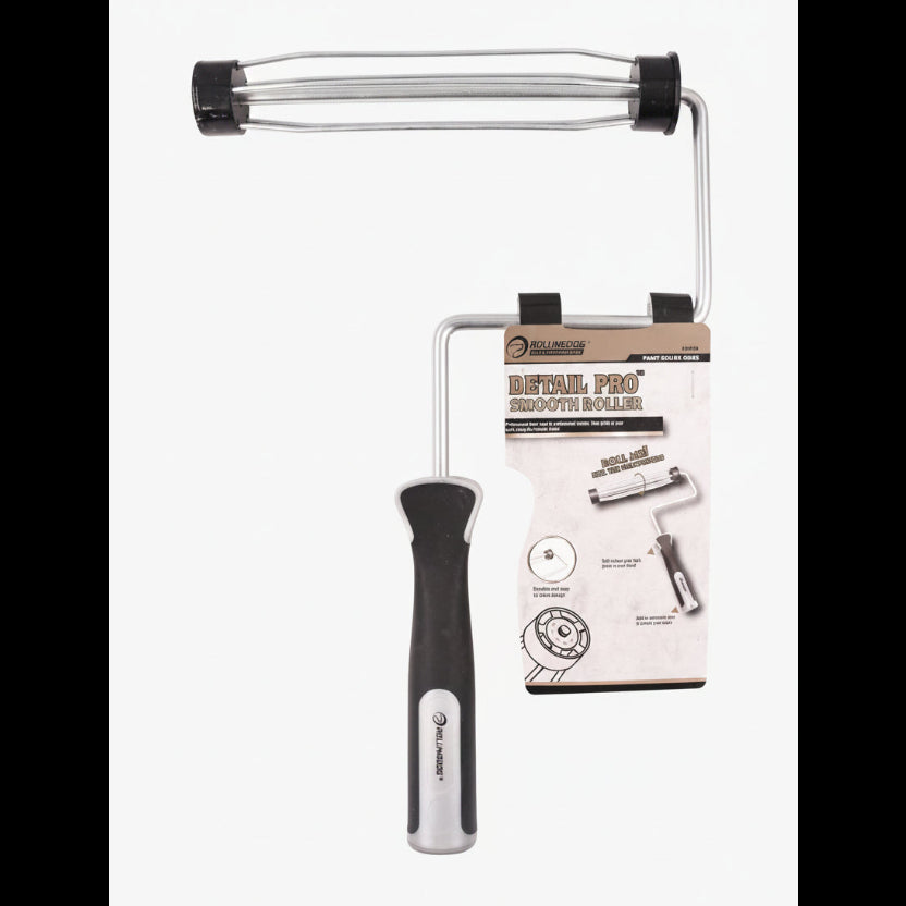 Paint roller with black handle and clear cylindrical component, accompanied by its packaging on a white background.