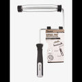 Paint roller with black handle and clear cylindrical component, accompanied by its packaging on a white background.
