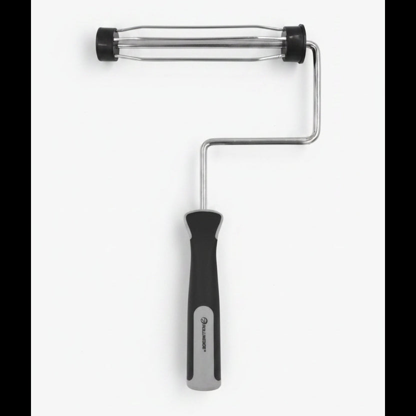 Paint roller with black handle on a white background