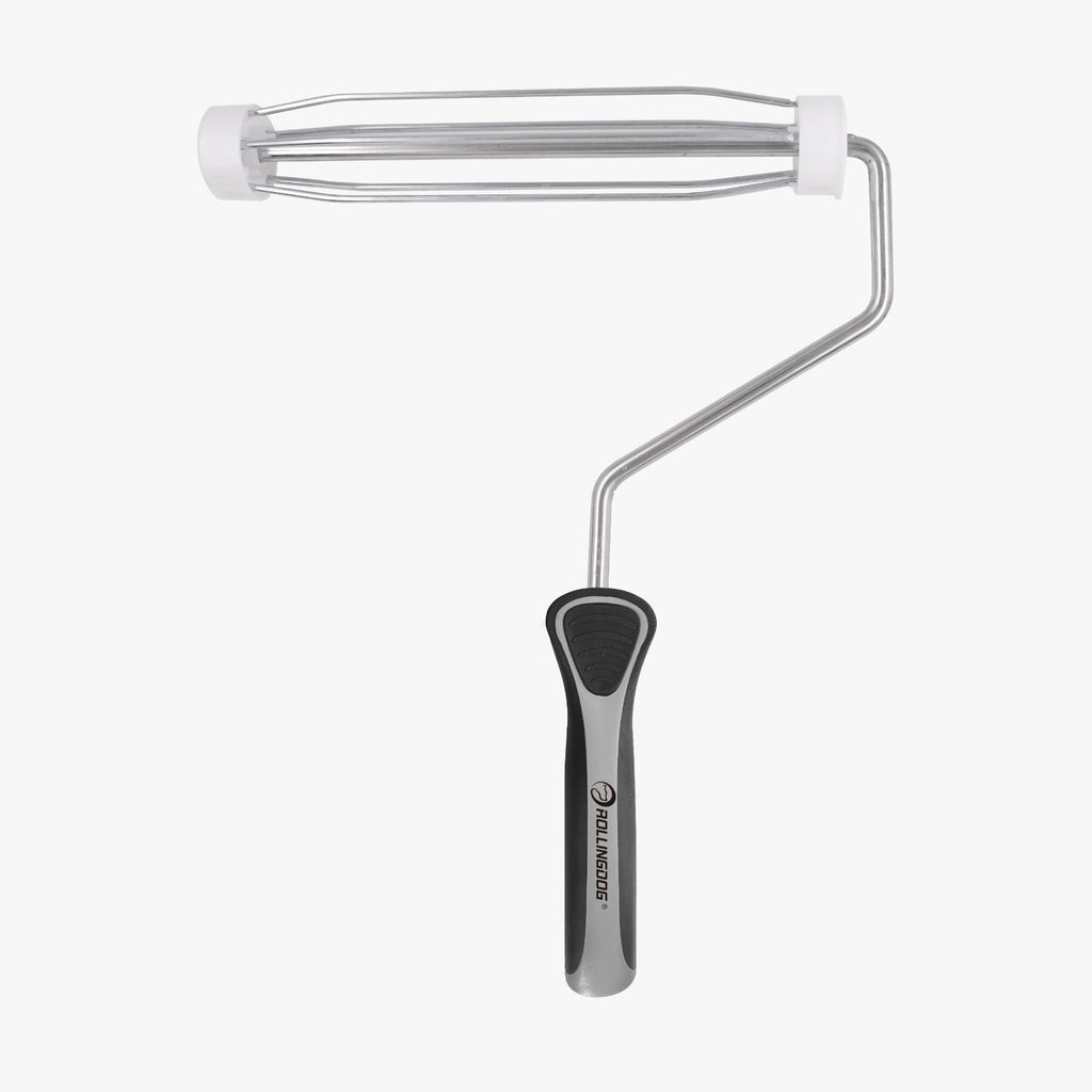Paint roller with black handle on a white background