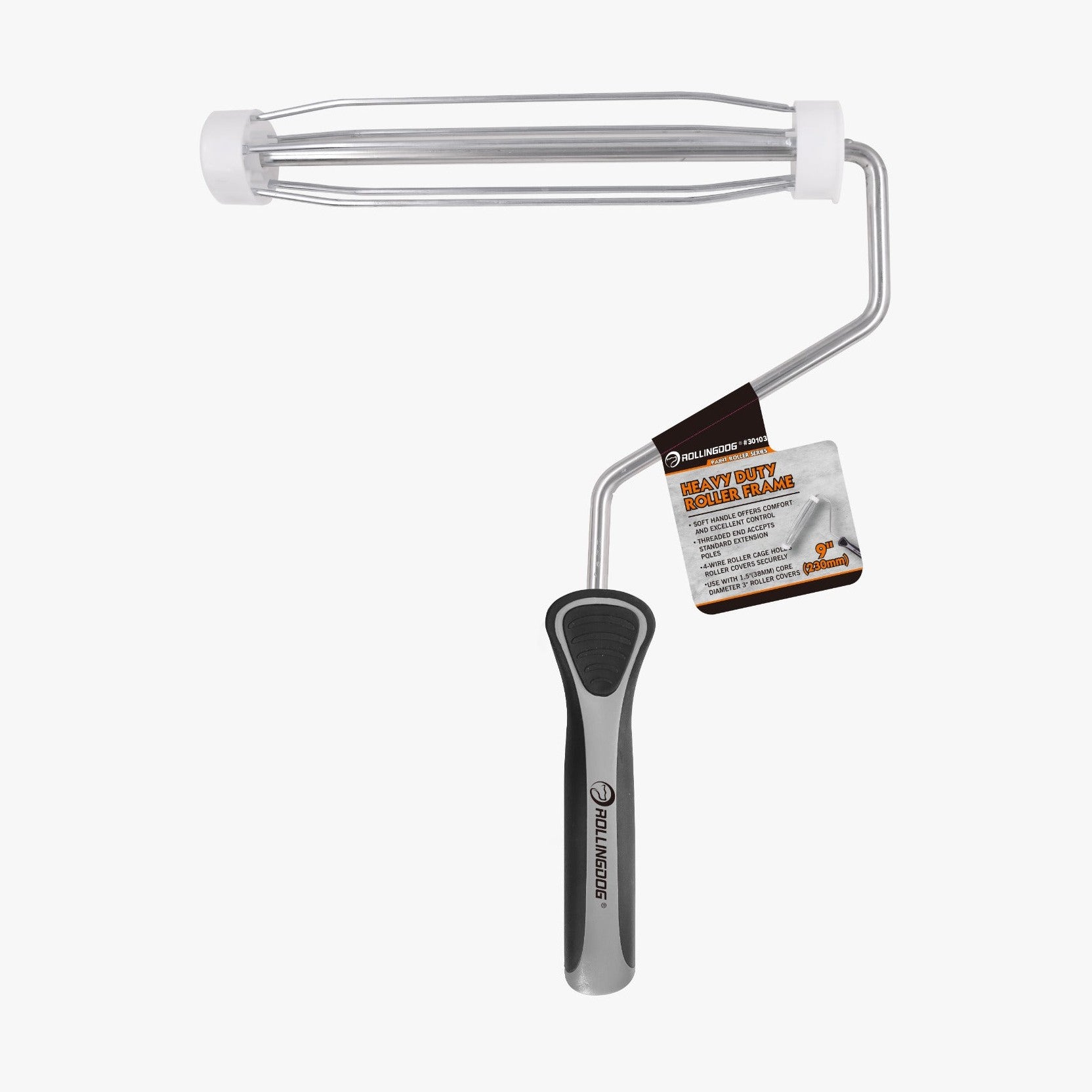 Paint roller with black handle and white roller frame on a white background