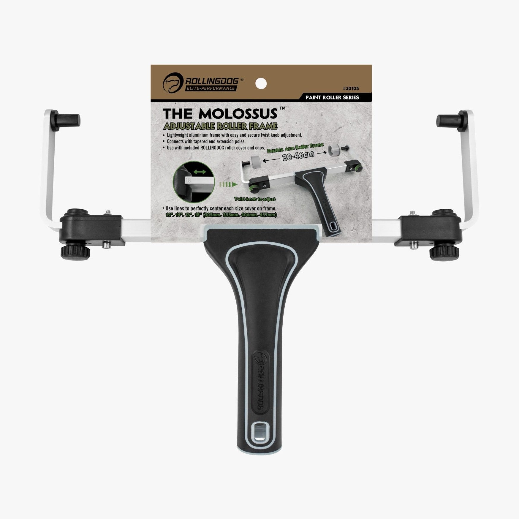 Paint roller frame with adjustable roller head on a white background