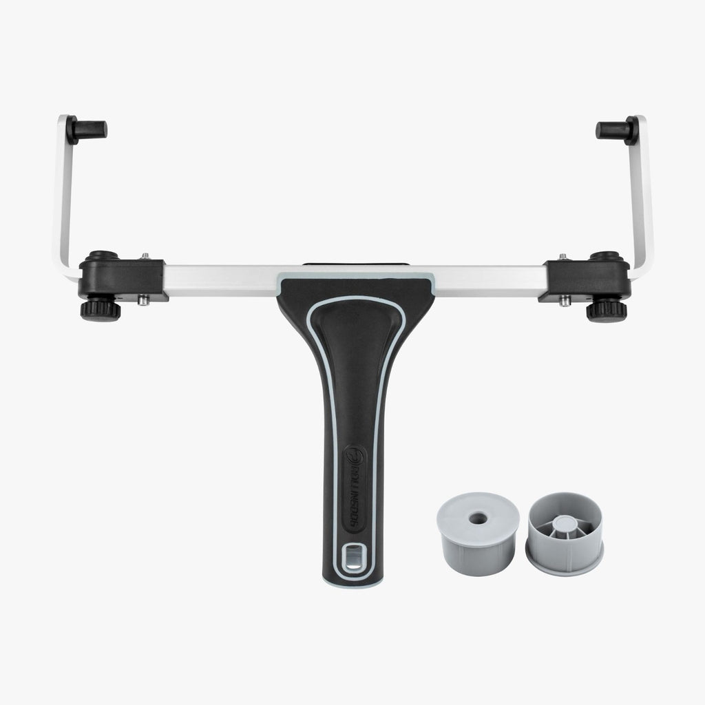 Fishing reel with handle and two additional spools on a white background