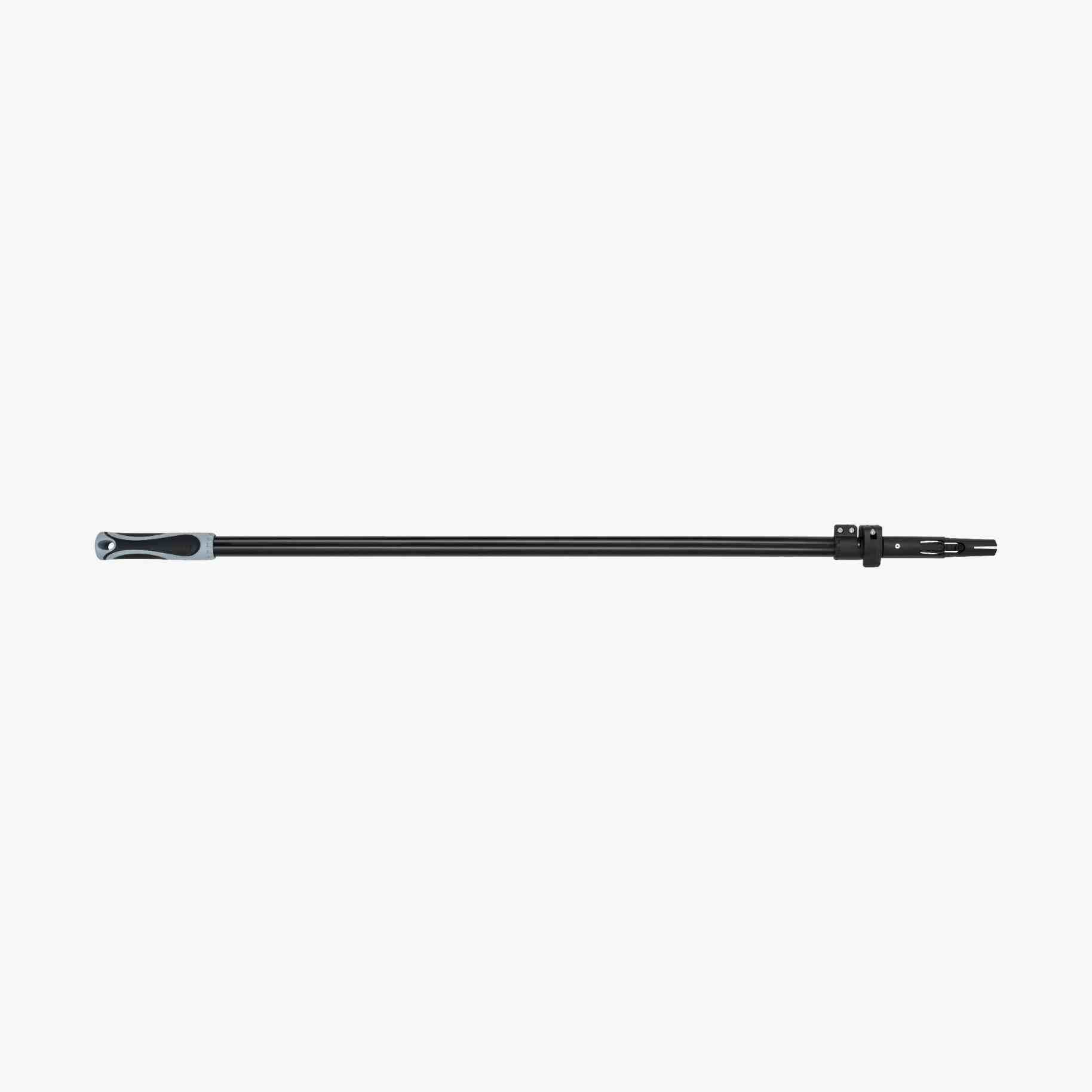 Two black metal rods with a central cylindrical component on a white background
