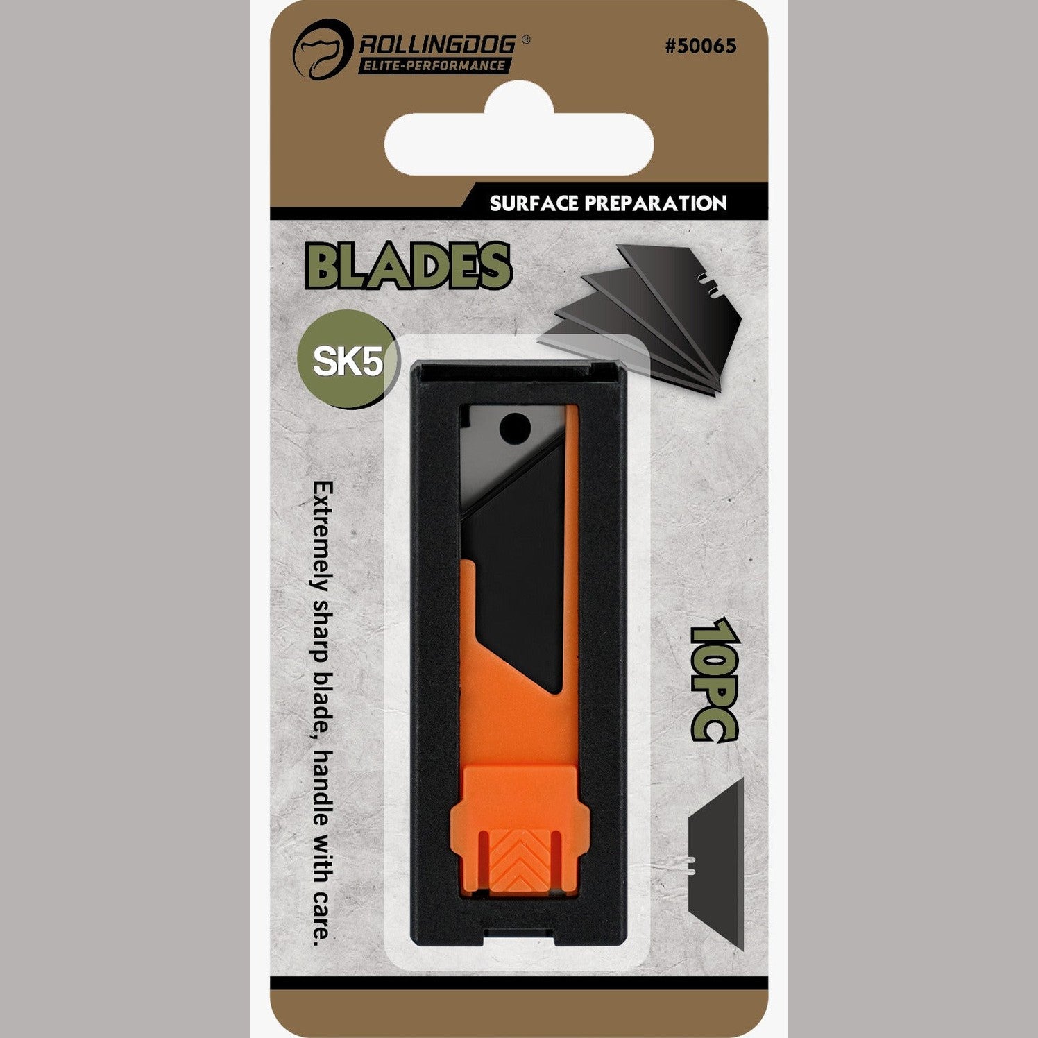 Packaging of RollingDog blades with an orange blade on a gray background