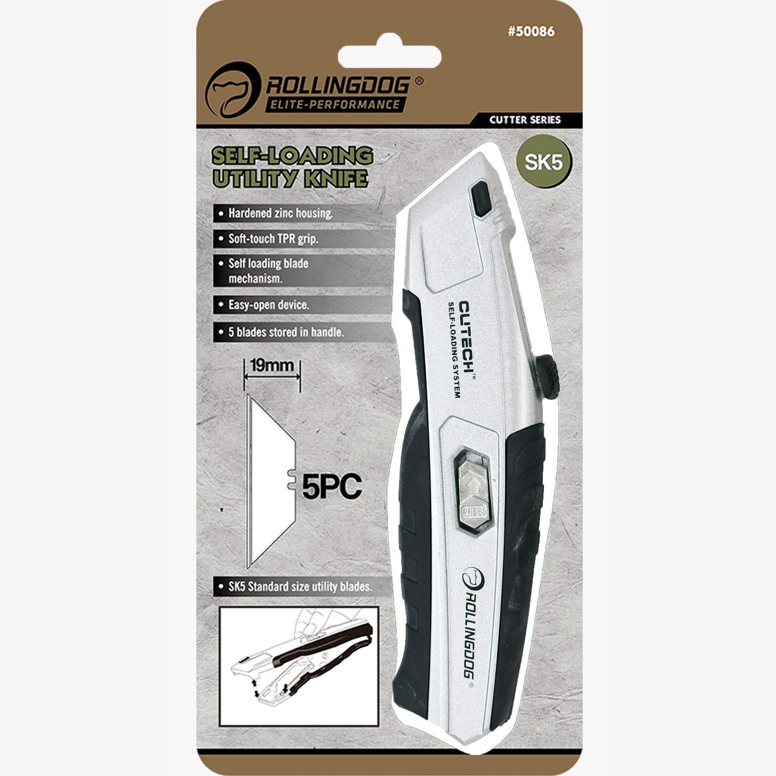 Rolling Dog self-loading utility knife packaging with knife illustration on a gray background