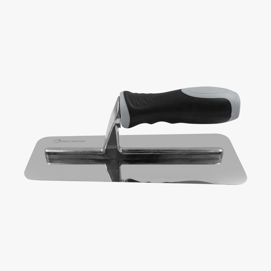 Metal trowel with a black handle on a white background