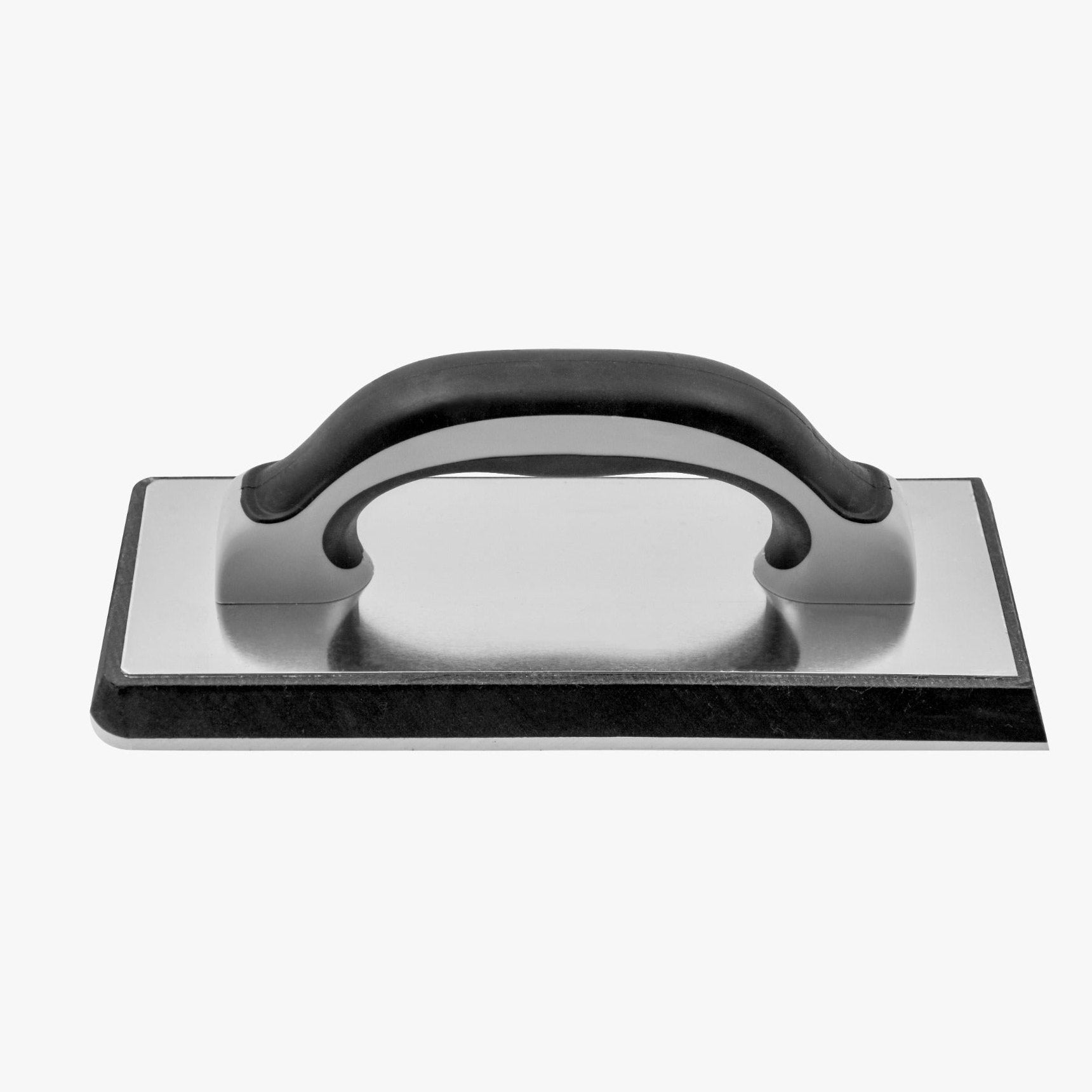 Rectangular metal tool with a black handle on a white background