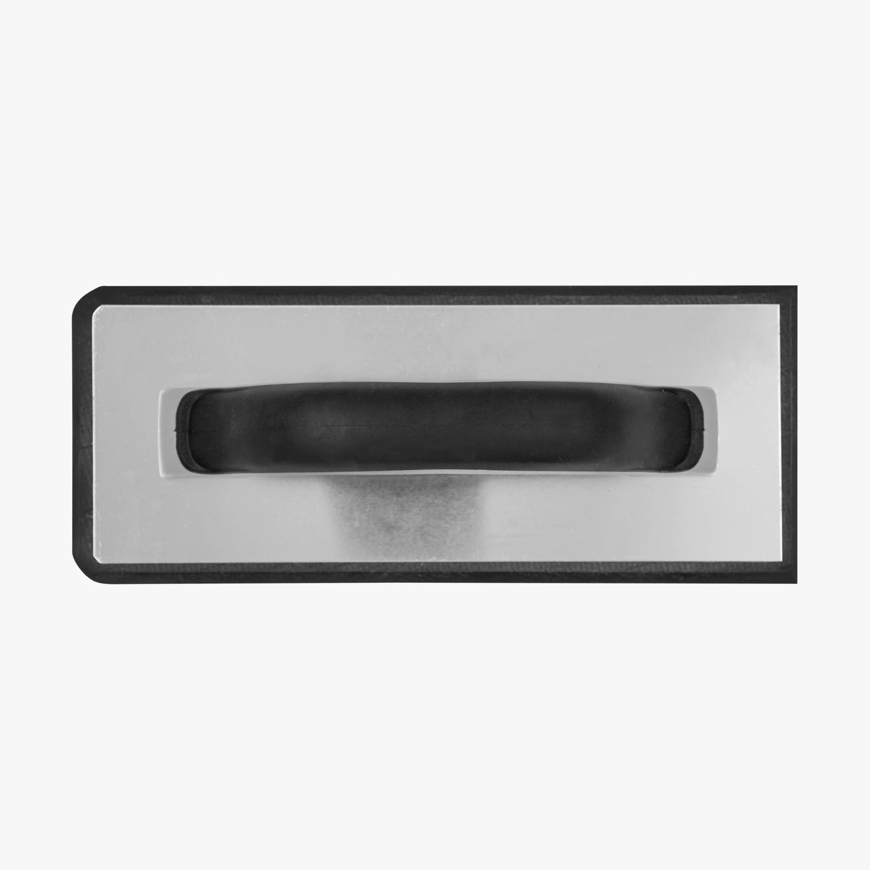 Metallic handle on a rectangular metal plate with a black handle