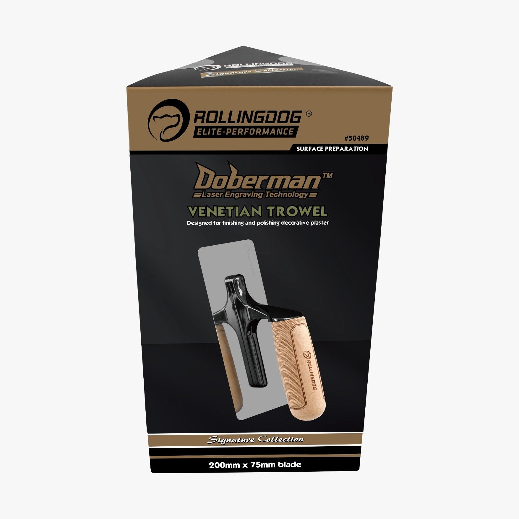 Doberman Venetian Trowel packaging with tool illustration on a black background