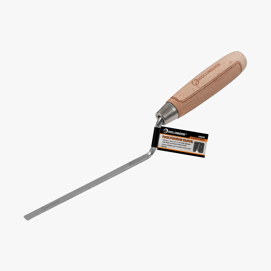 Paint scraper with wooden handle and metal blade on a white background