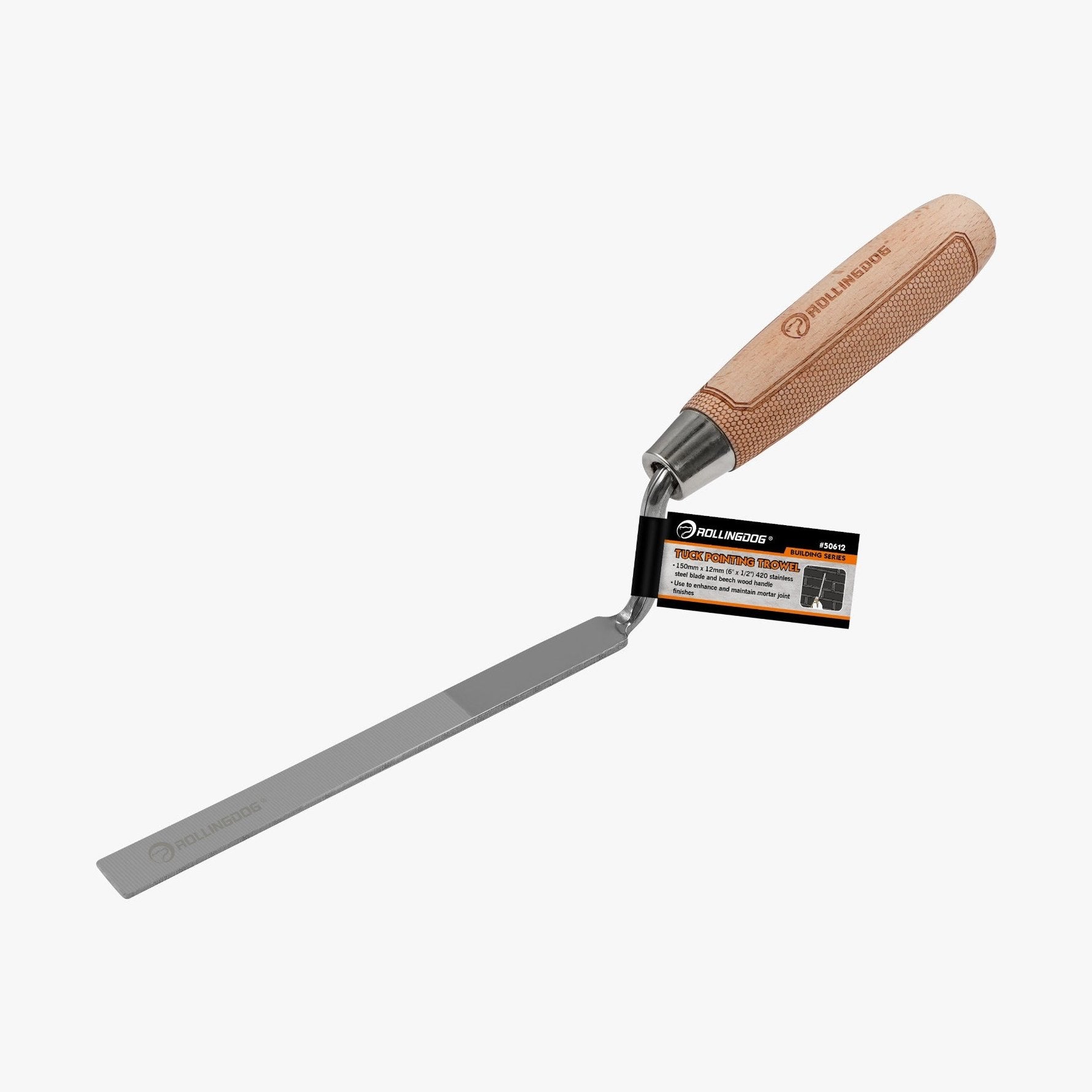 Trowel with wooden handle and metal blade on a white background