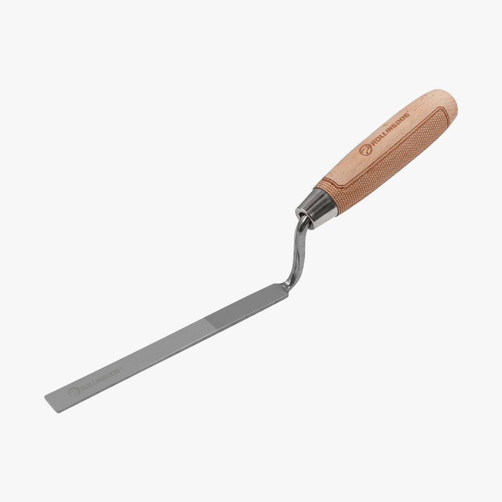Metal trowel with wooden handle on a white background