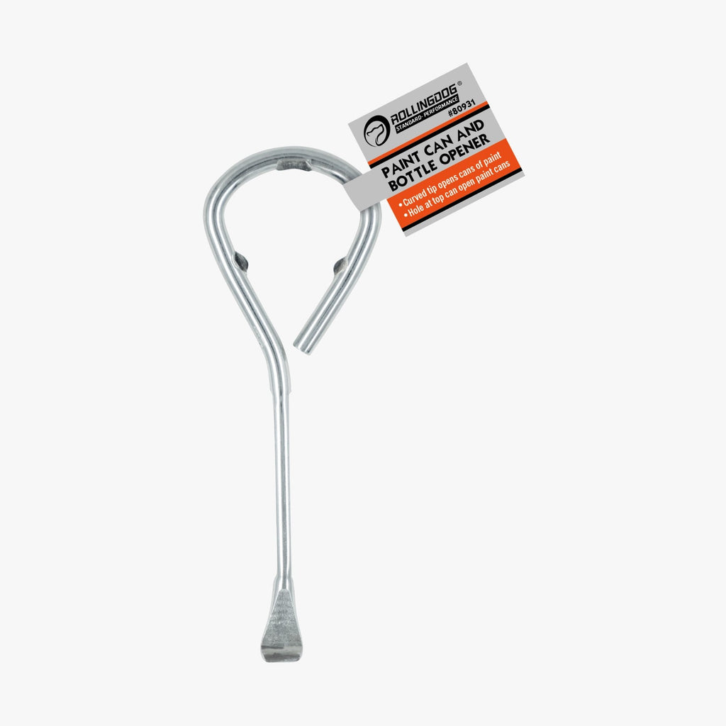 Metal paint can opener with a label on a white background